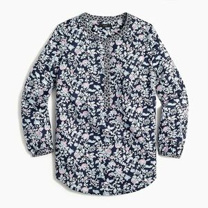 NWT J. Crew Cotton Popover Henley Blue Floral Blouse Small